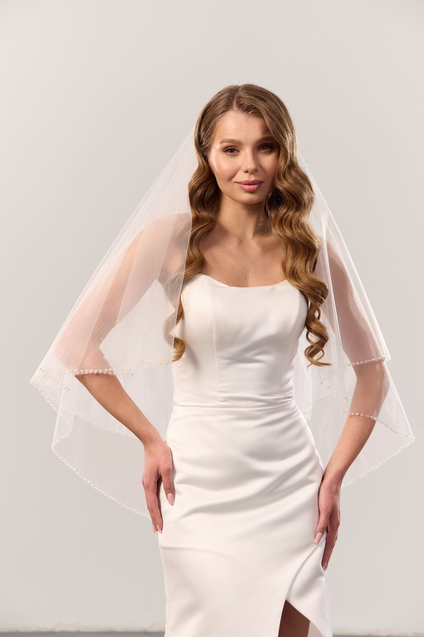 Pearl beaded wedding veil with blusher 1