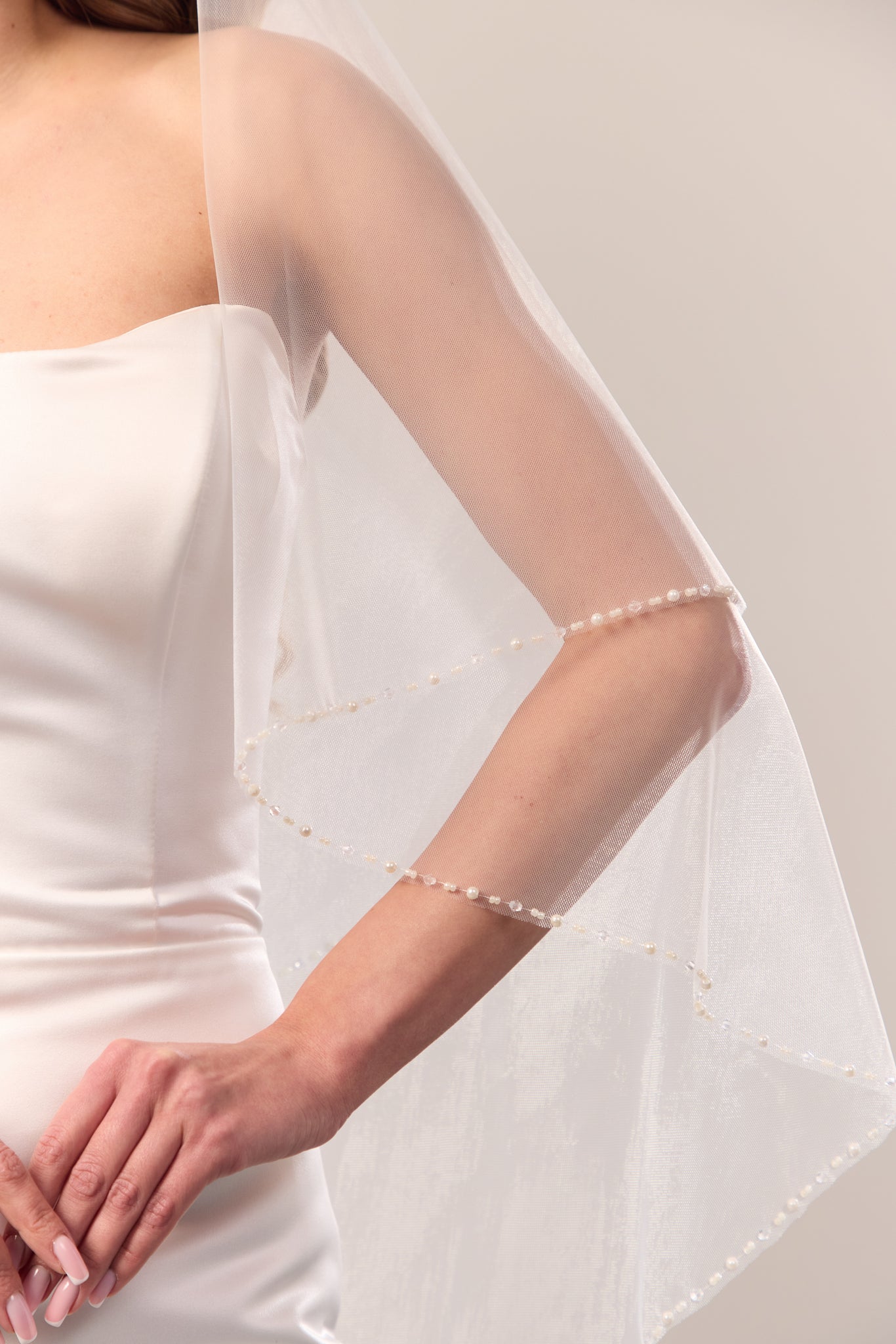 Pearl beaded wedding veil with blusher