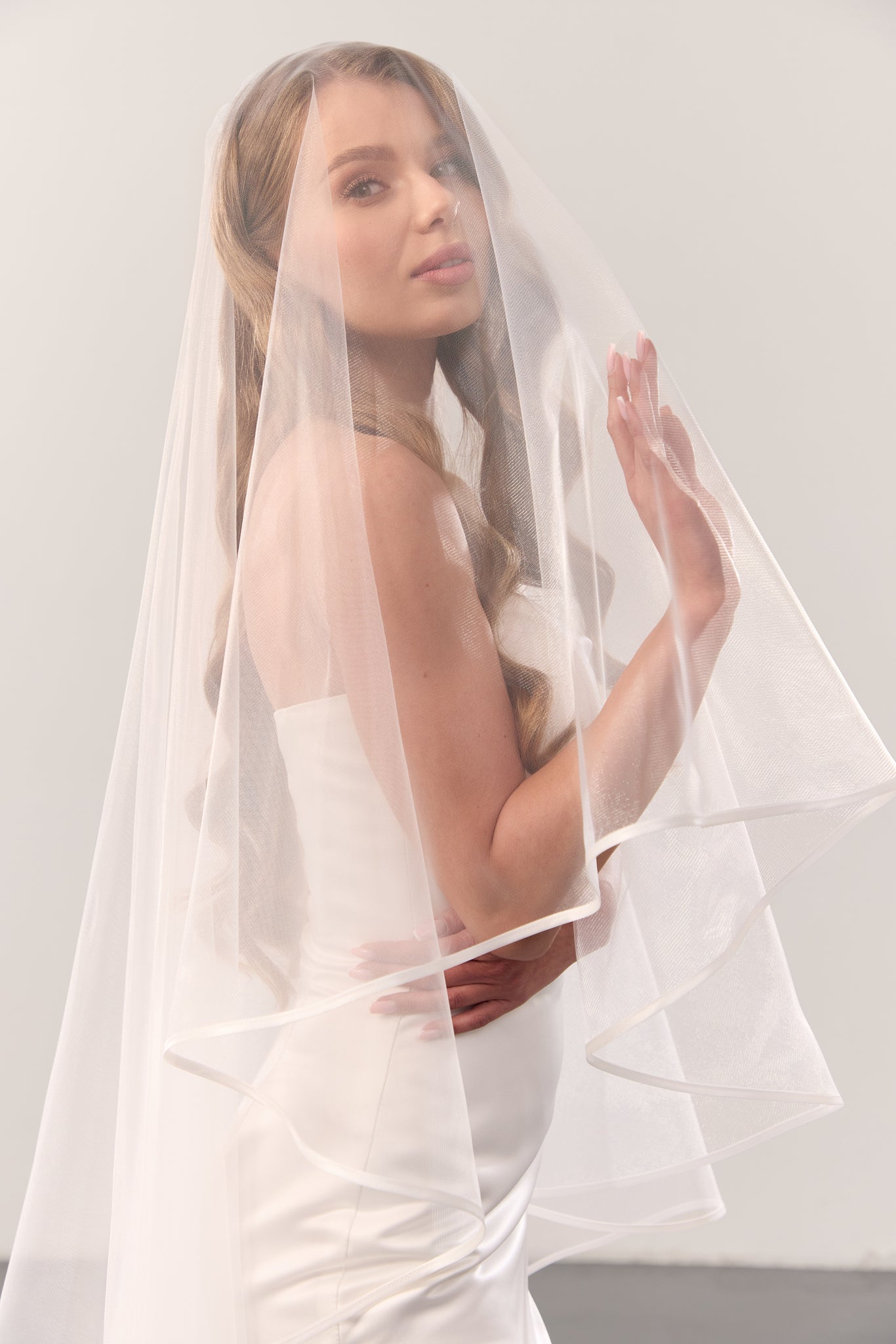 Satin trim wedding veil with blusher 1