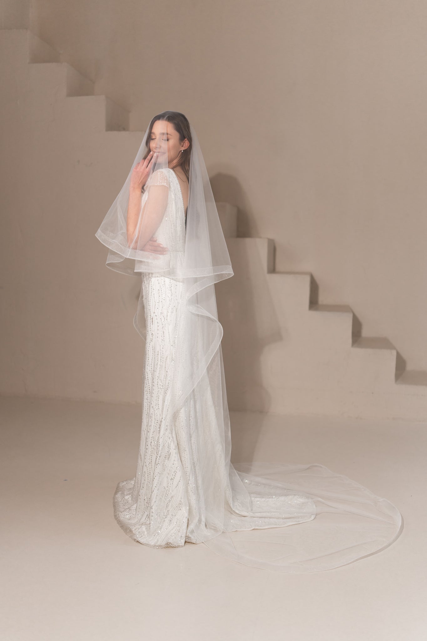 Side view horsehair edge bridal veil in cathedral length