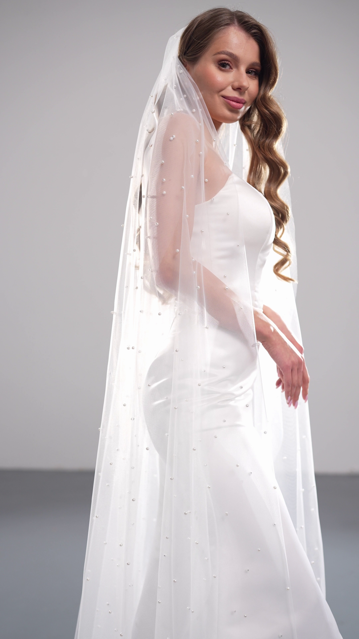 Wide cathedral pearl wedding veil