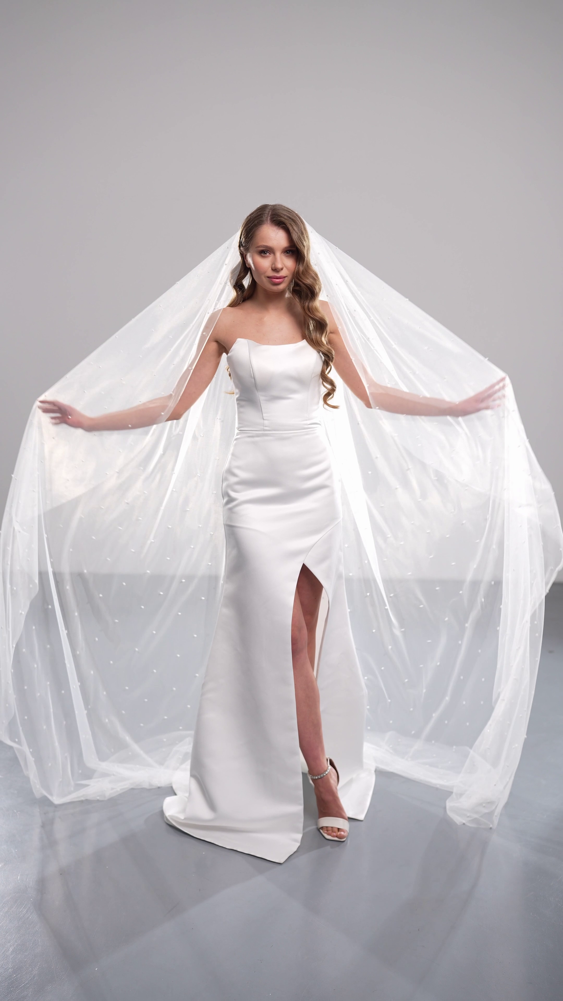 Wide cathedral pearl wedding veil