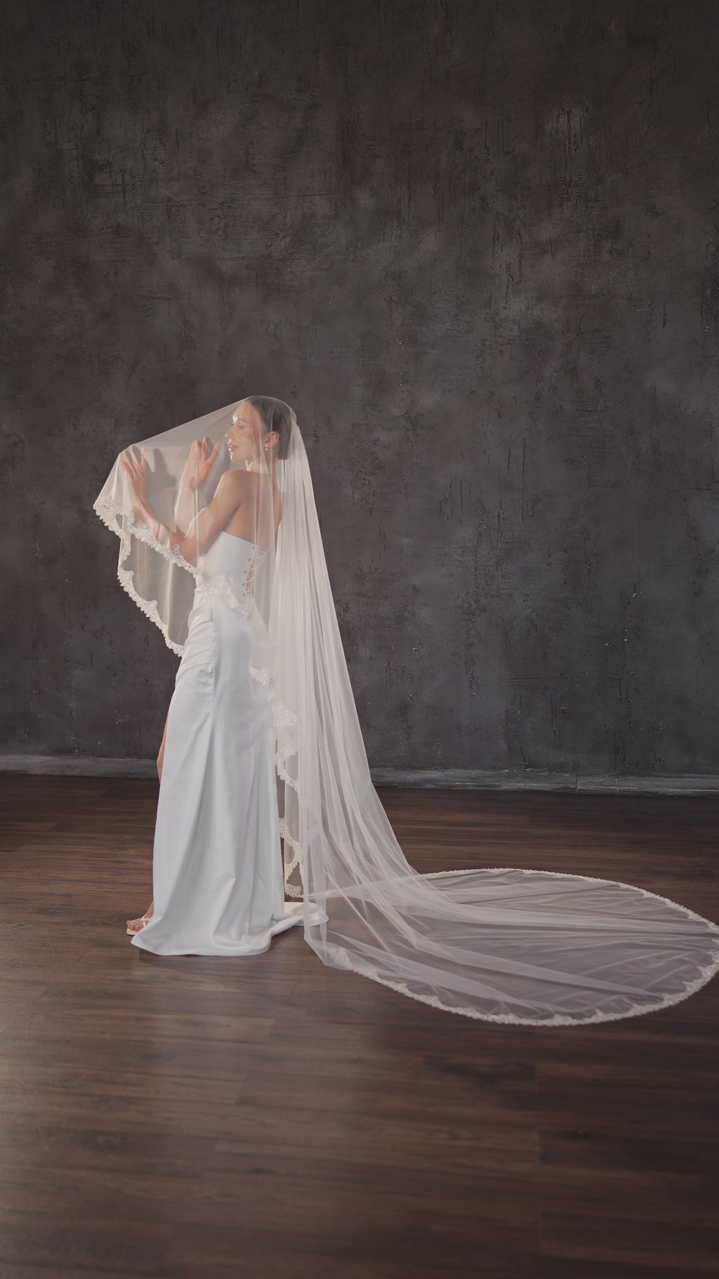 Double tier cathedral bridal veil with soft premium tulle and romantic floral lace trim.