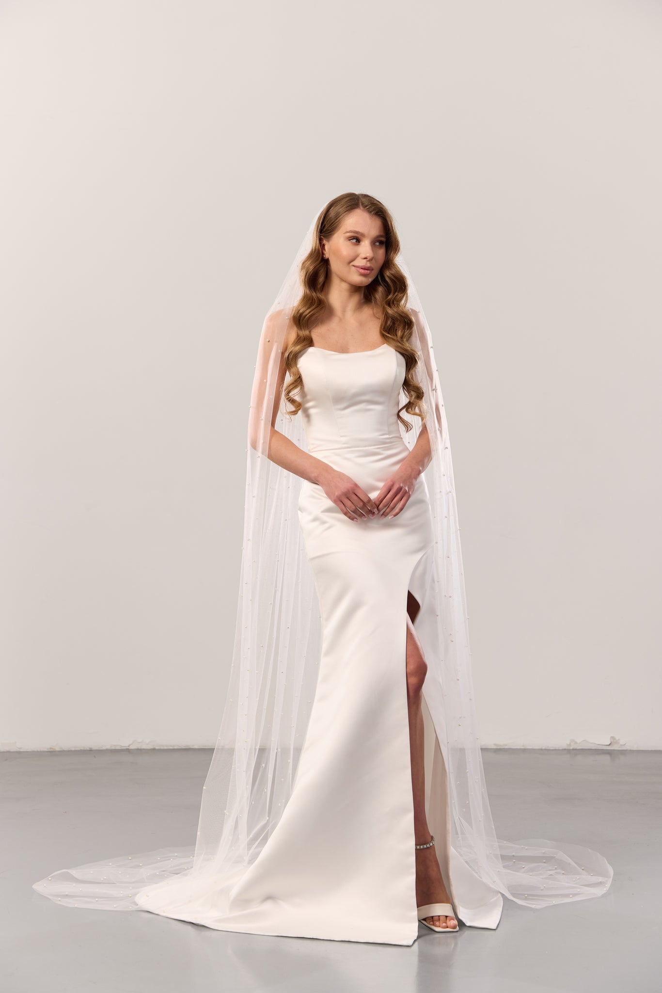 Wide pearl wedding veil