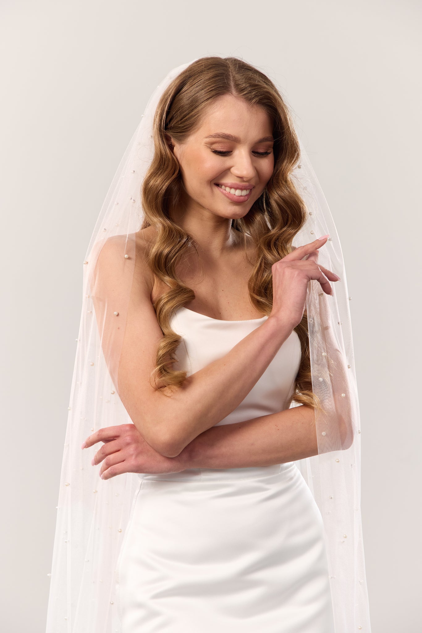 Wide pearl wedding veil