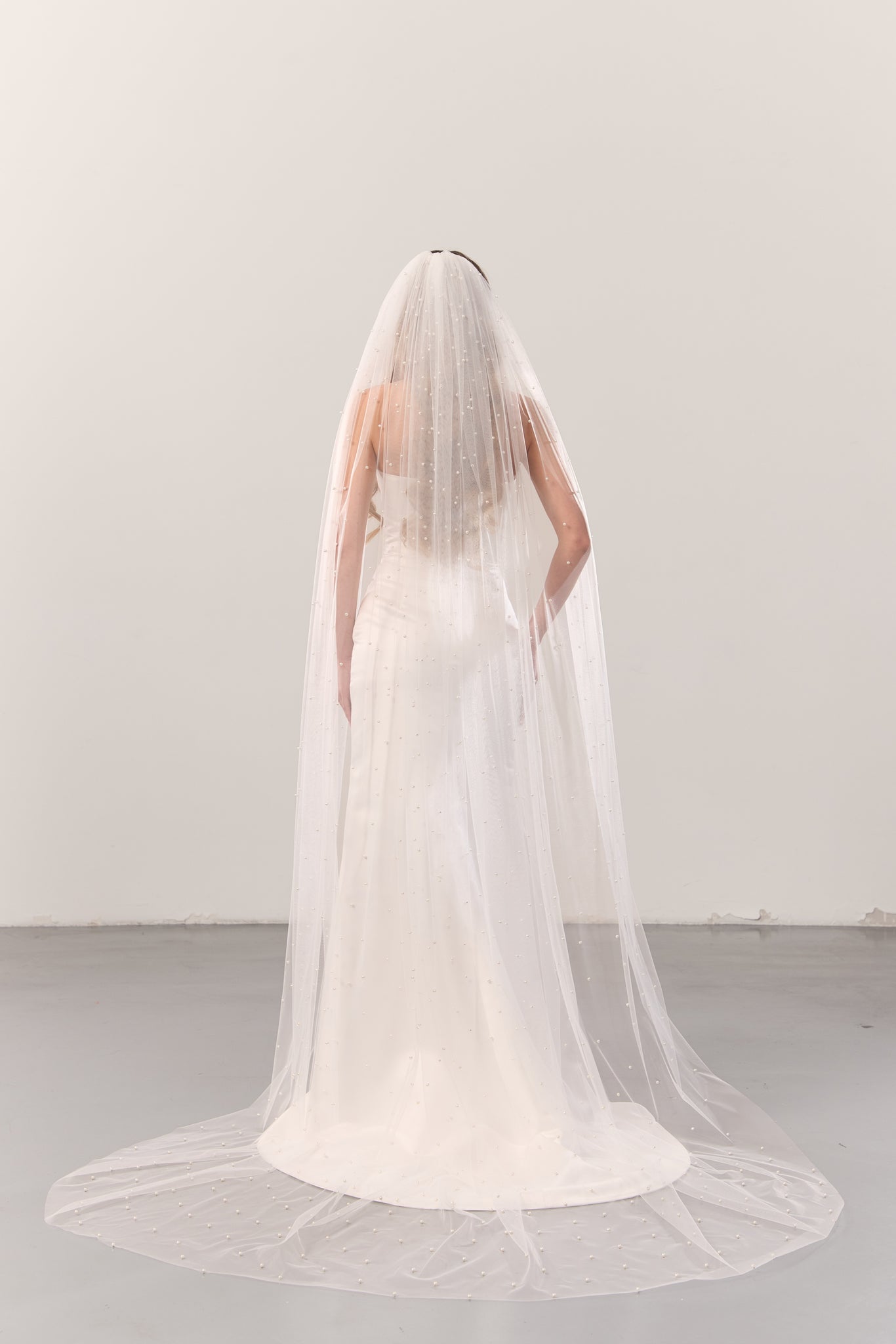 Wide pearl wedding veil