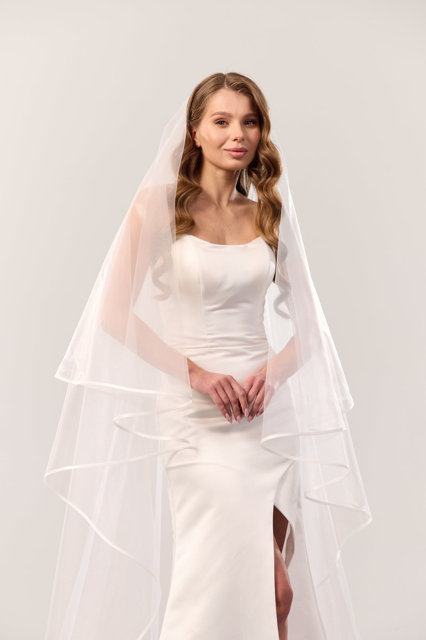 Satin trim wedding veil with blusher – elegant two-tier bridal veil