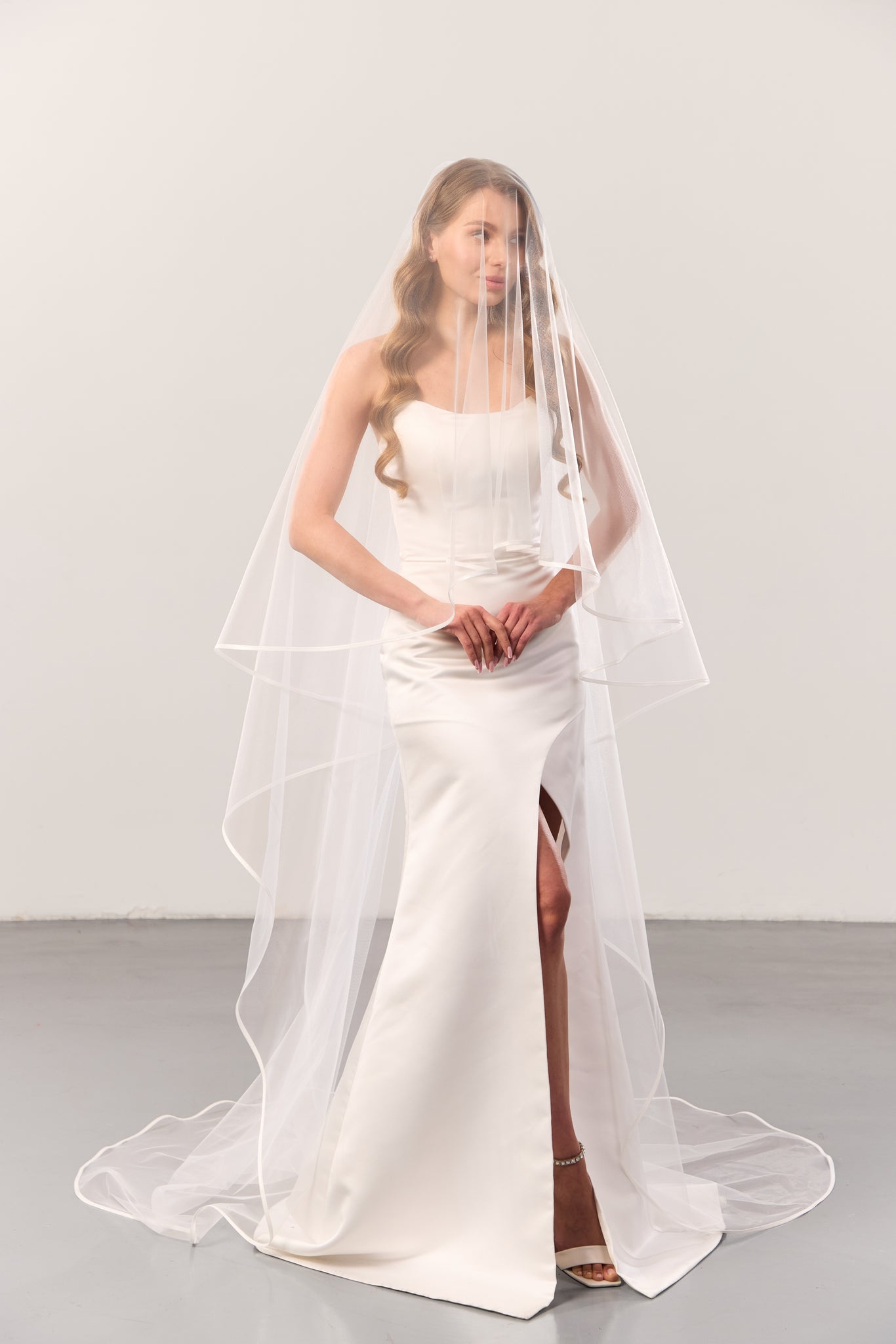 Satin trim wedding veil with blusher – elegant two-tier bridal veil