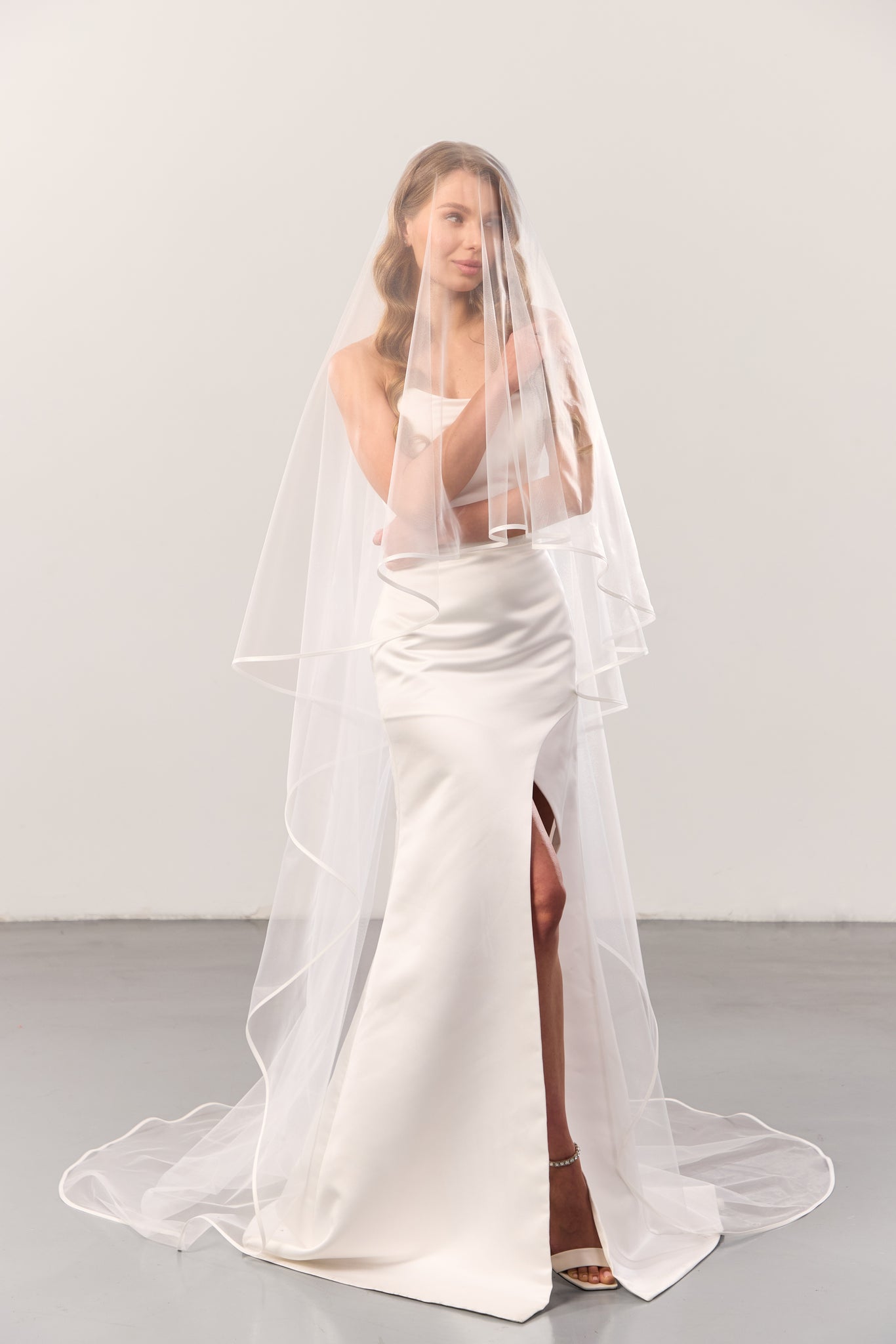 Satin trim wedding veil with blusher – elegant two-tier bridal veil