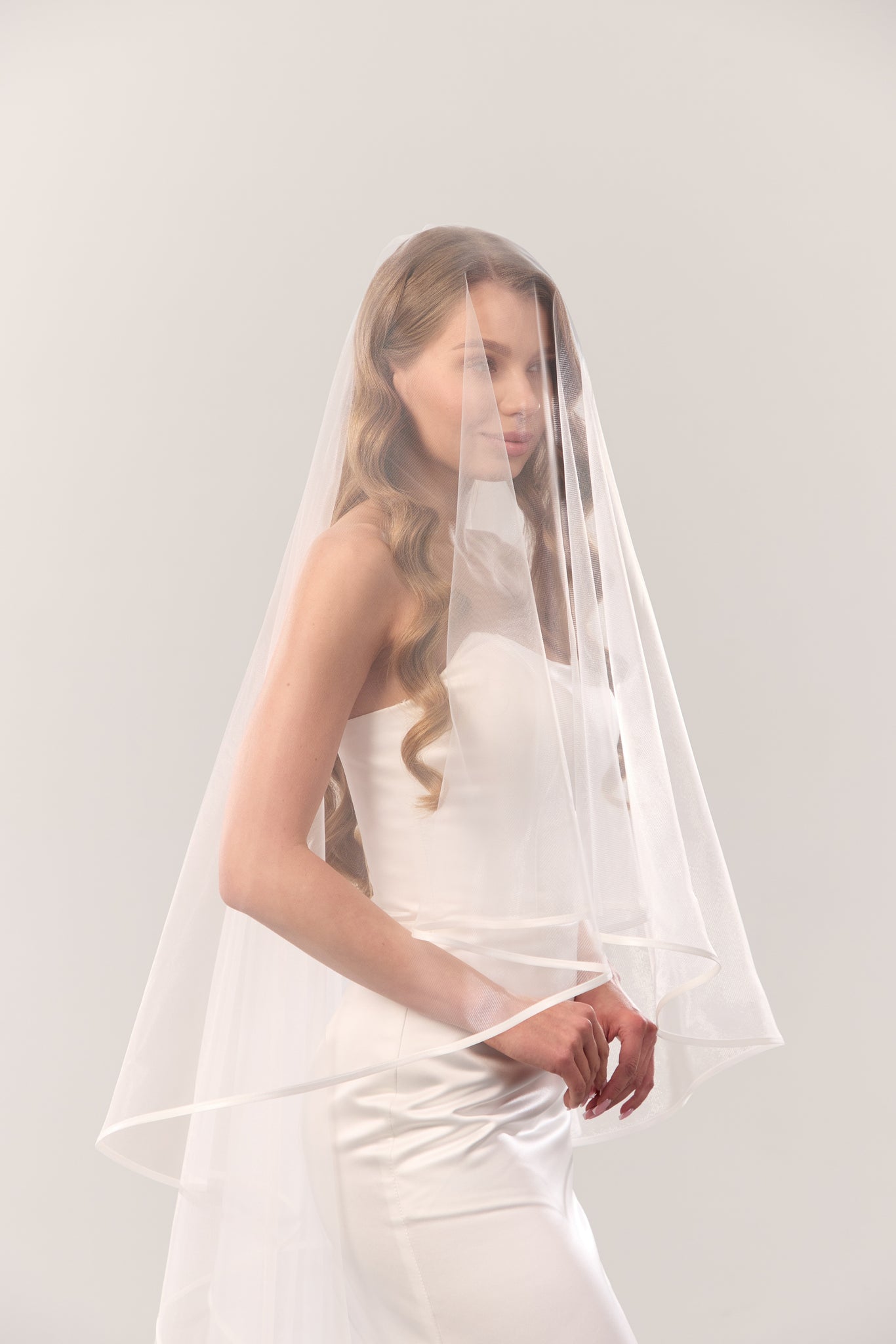 Satin trim wedding veil with blusher – elegant two-tier bridal veil