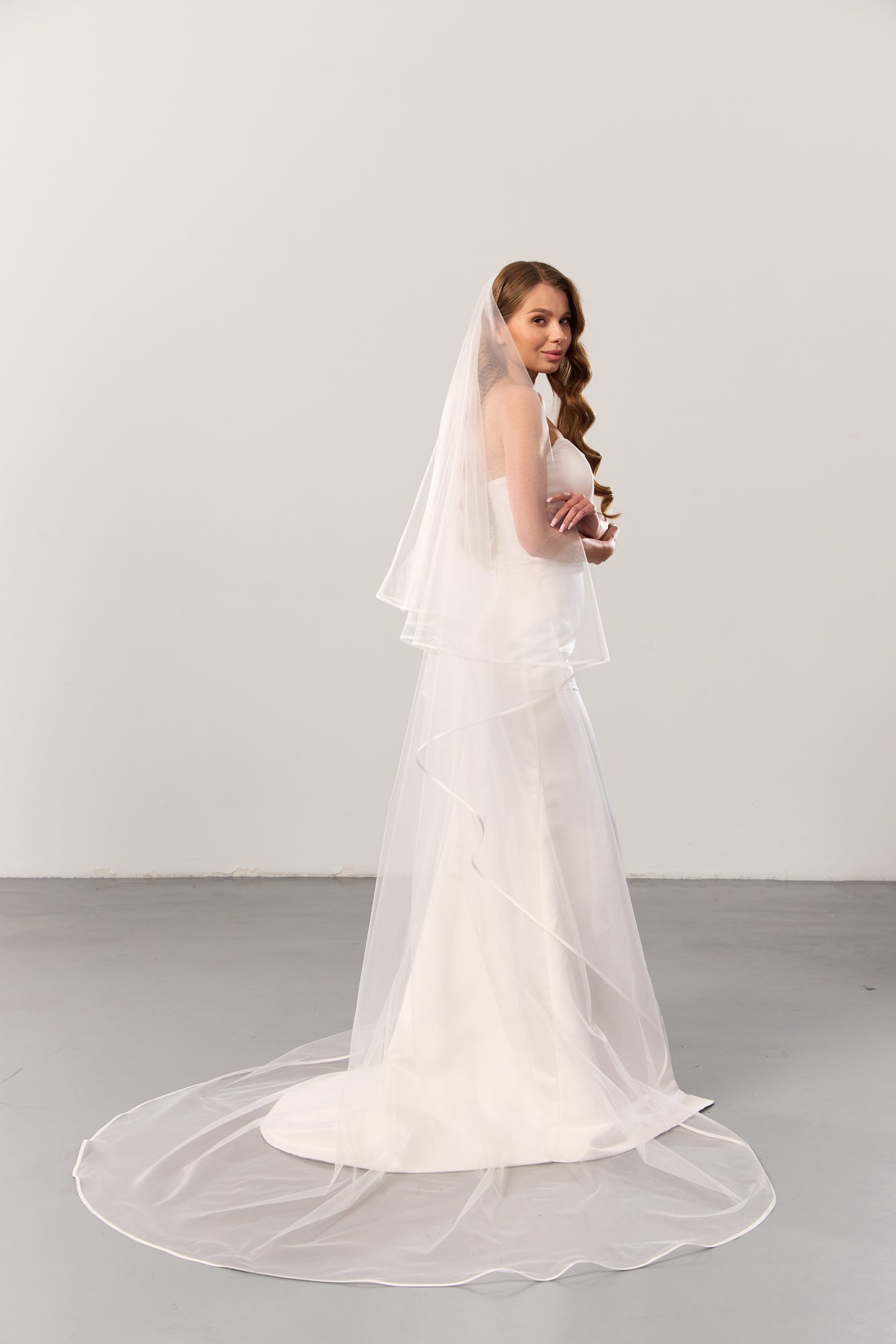 Satin trim wedding veil with blusher – elegant two-tier bridal veil