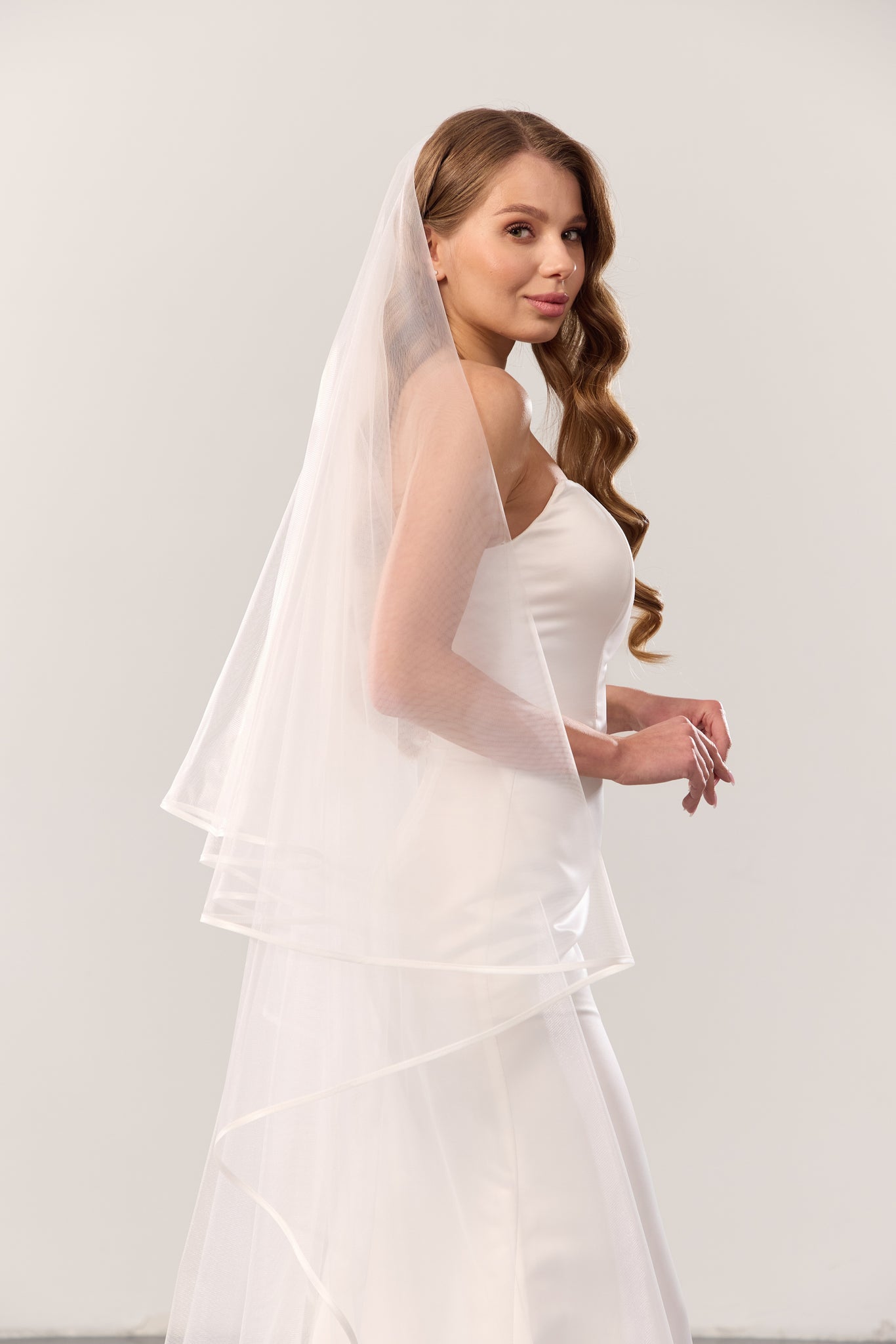 Satin trim wedding veil with blusher – elegant two-tier bridal veil