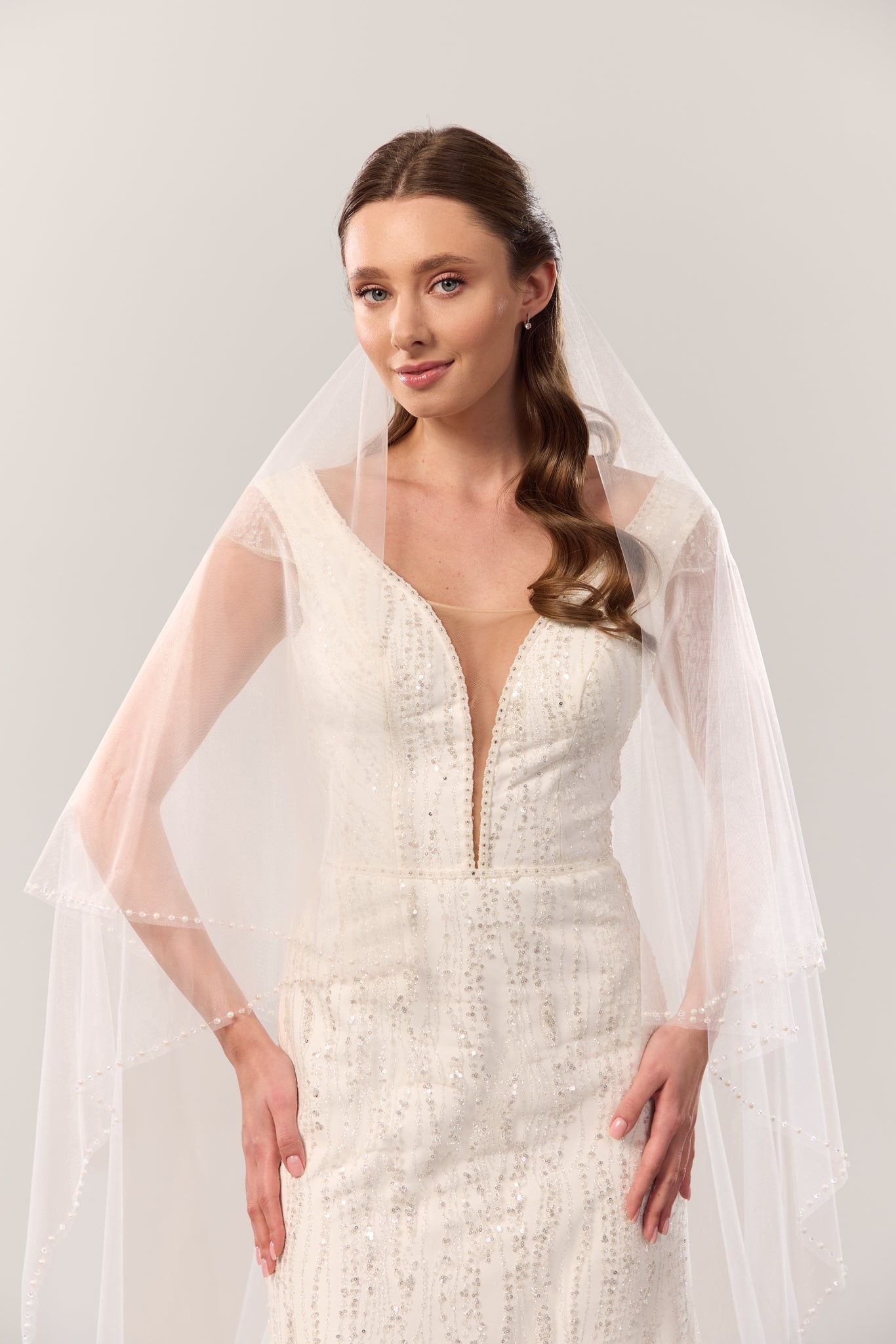 Crystal pearl trim blusher veil