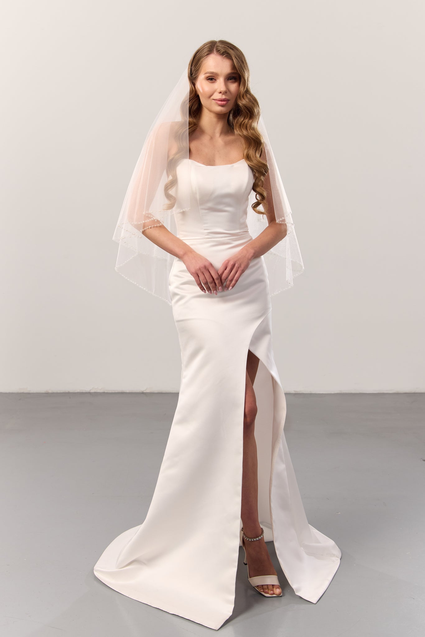 Pearl beaded wedding veil with blusher