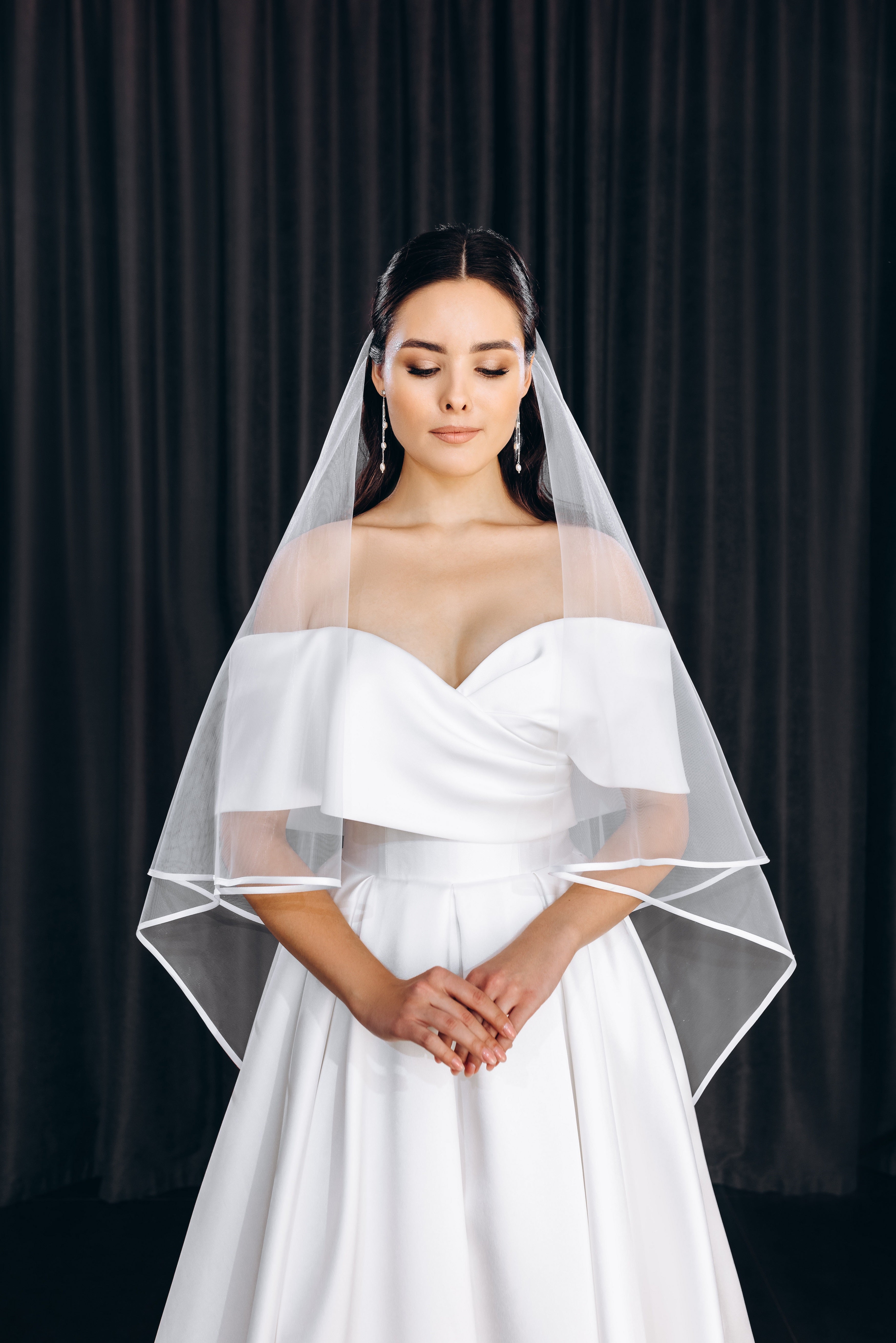 2 Tiers Bride Wedding Veil Ivory Ribbon Cathedral Veil Bridal Tulle Veil  for Wom