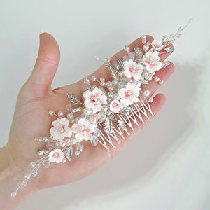 Sakura bridal hair piece, wedding silver flower comb