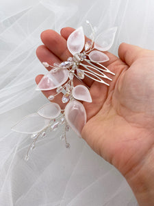 Bridal hair comb, White leaf hair piece