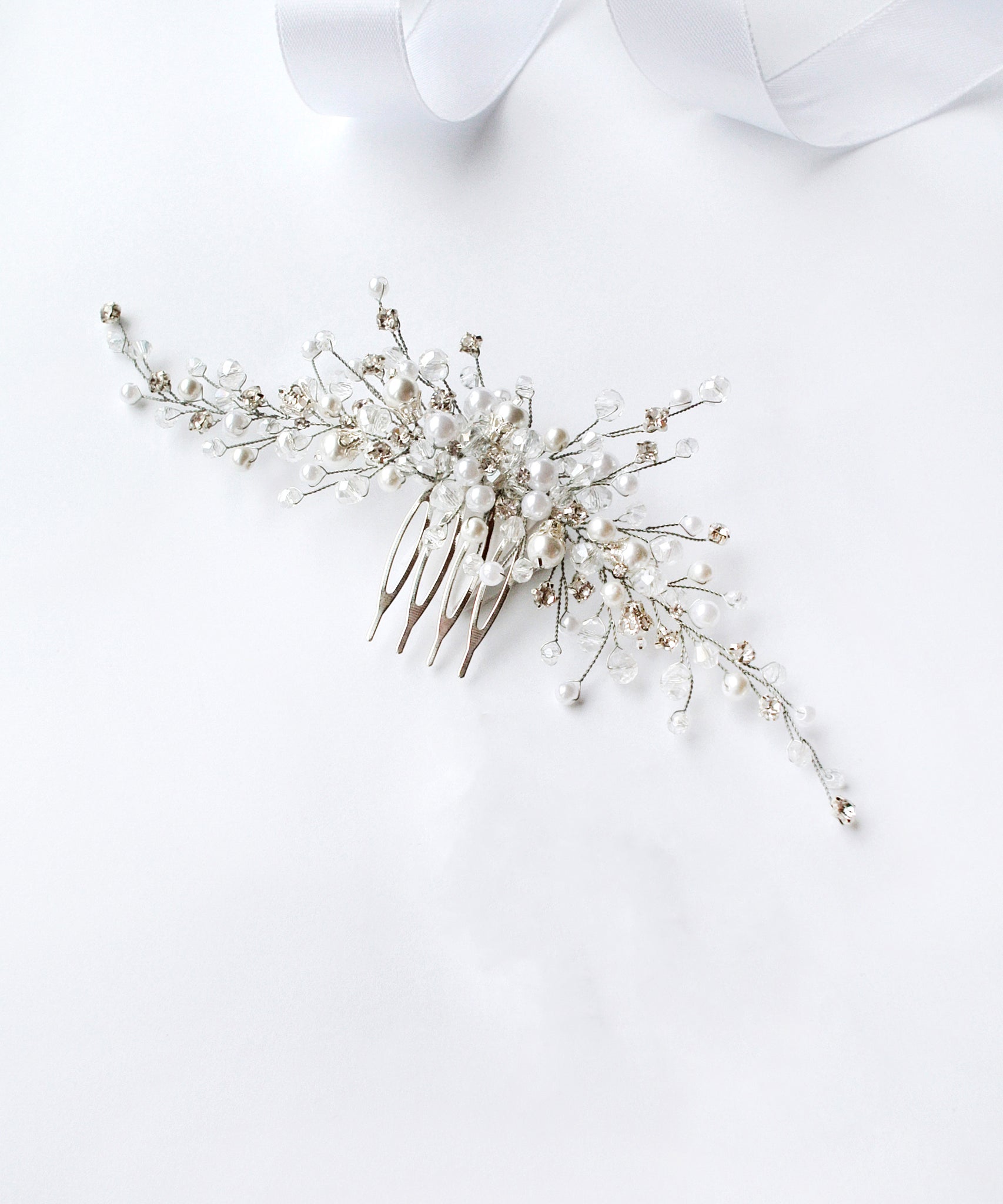 Pearl crystal silver hair comb